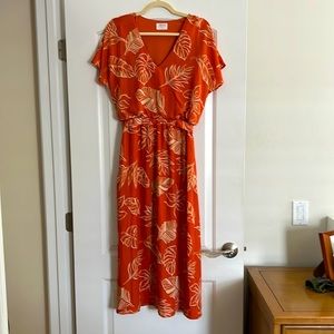 Tropical midi dress with cinch waist and tie back